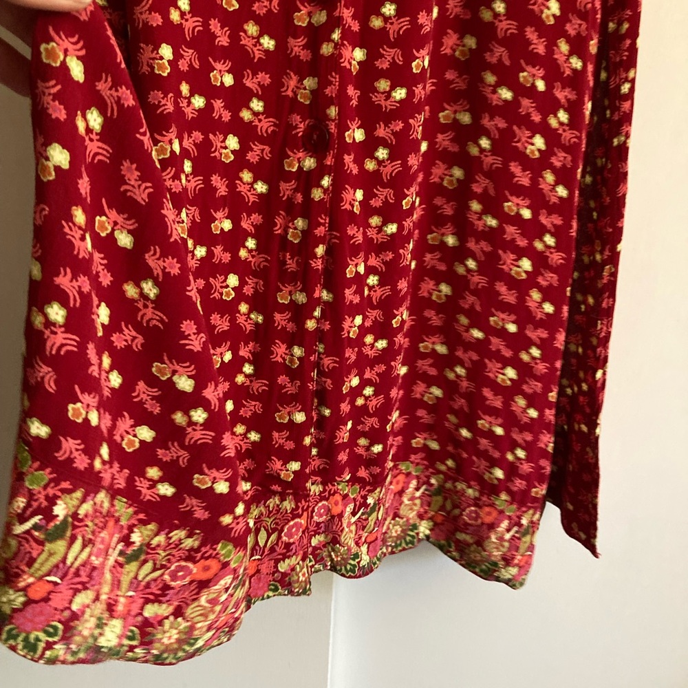 Vintage Y2K Red Short Sleeve Hooded Drawstring Floral Button Up Y2K Maxi Dress M - Picture 7 of 13